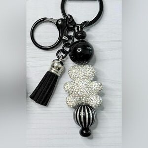 Black and Silver Keychain with Rhinestone Bear
